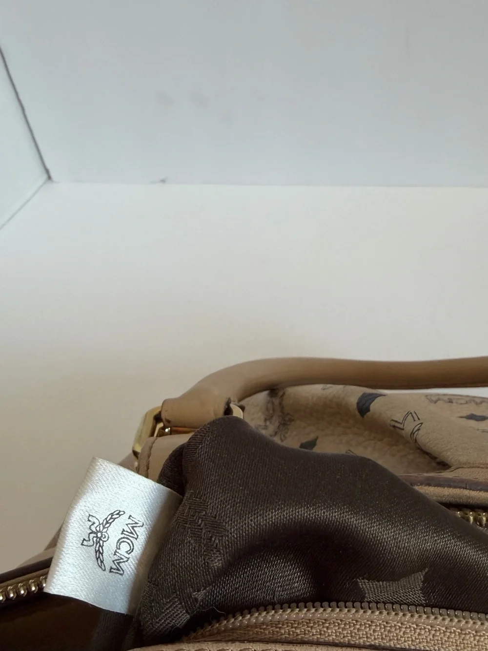 MCM Tan Beige Logo Satchel with Gold Hardware